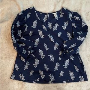Navy and White Floral Tie Sleeve Blouse